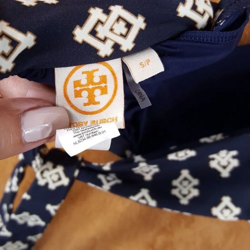 TORY BURCH Womens Swimwear Small Navy Bandeau Halter Bikini Top Logo Monogram